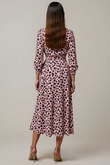 Pink A Line Ruched Leopard Long Work Dress with Sleeves